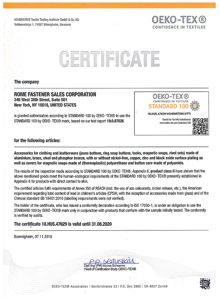 ROMED OEKO-TEX Certification